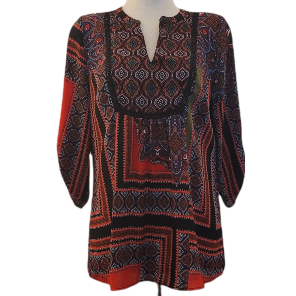 Valerie Stevens Red Black Multicolor Geometric Print BOHO Style Blouse M